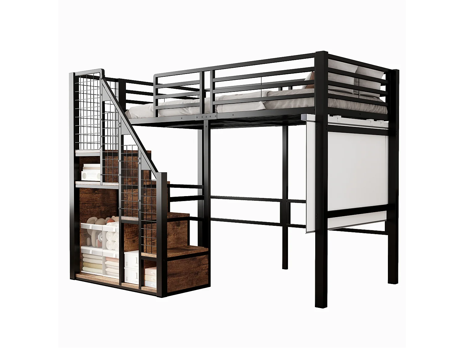Letto a soppalco 90 x 200 cm con armadio portaoggetti e scala di sicurezza - metallo e legno - nero