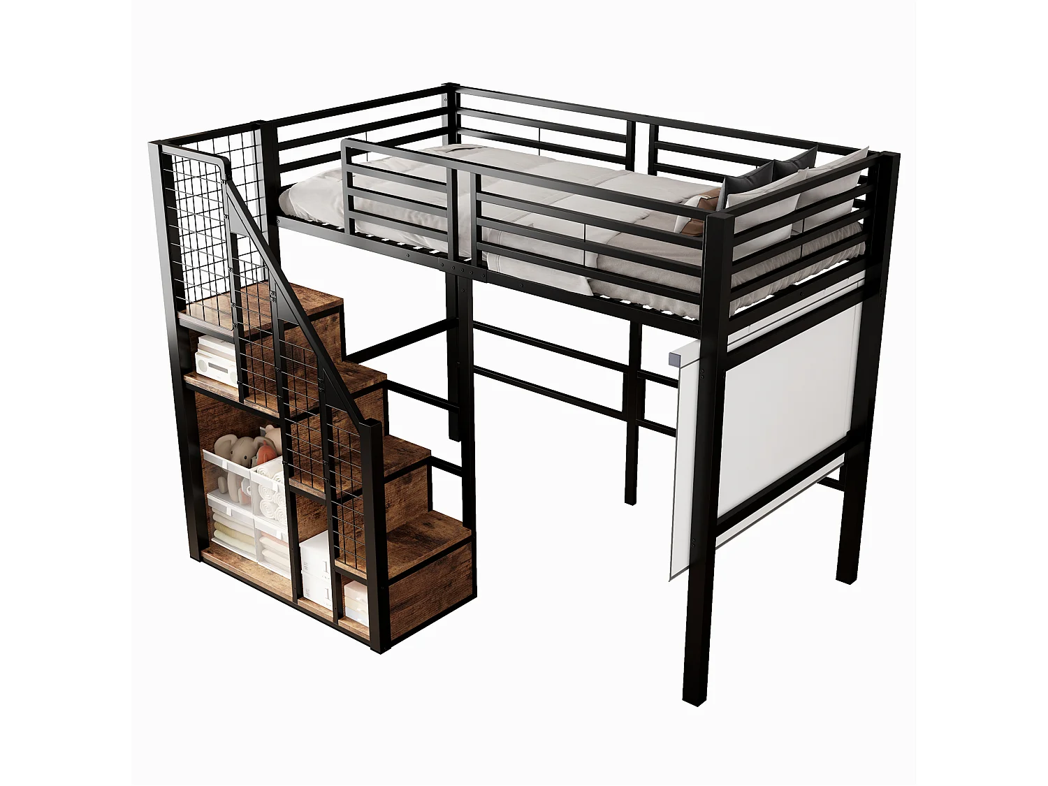 Letto a soppalco 90 x 200 cm con armadio portaoggetti e scala di sicurezza - metallo e legno - nero