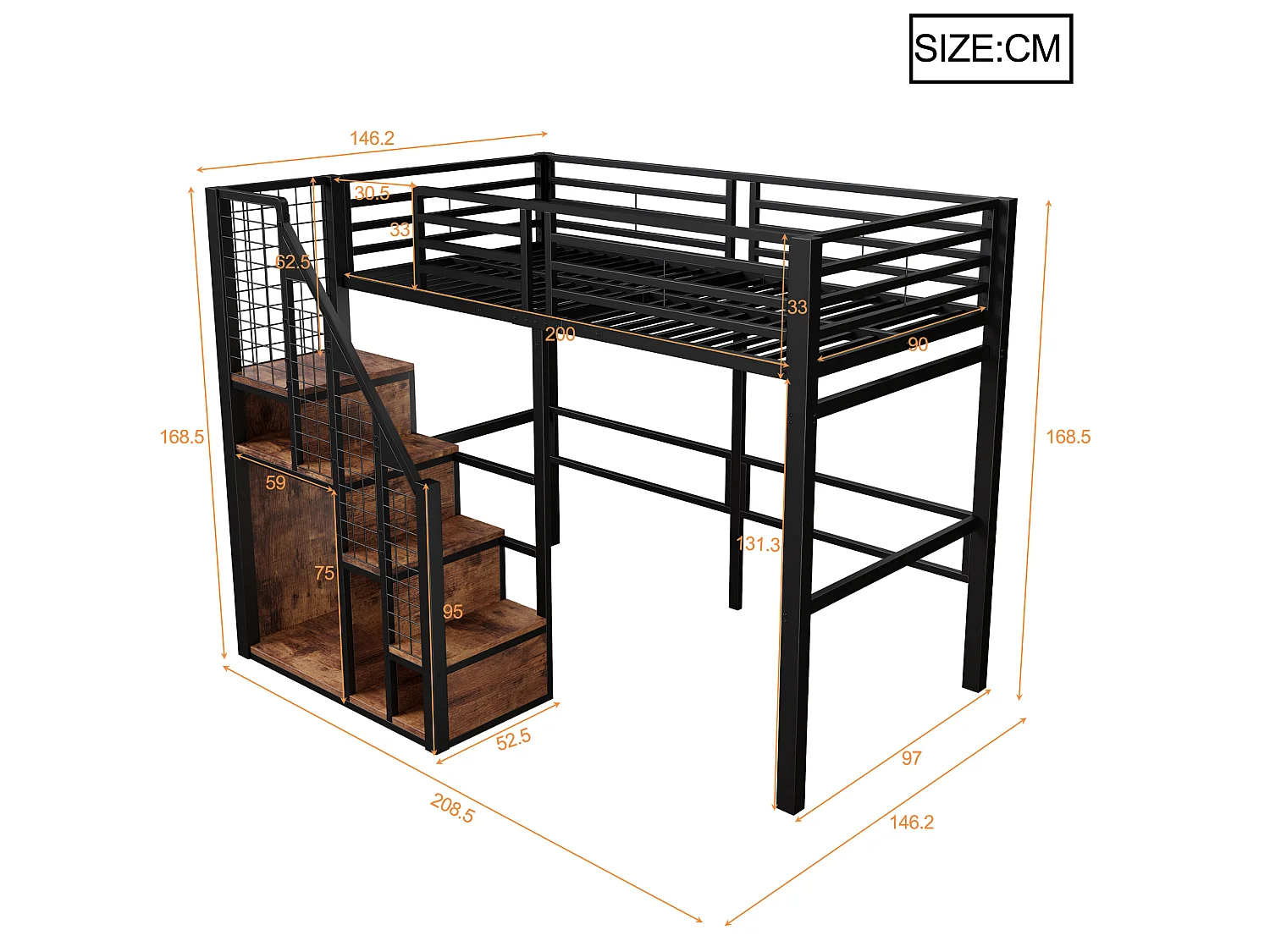 Letto a soppalco 90 x 200 cm con armadio portaoggetti e scala di sicurezza - metallo e legno - nero