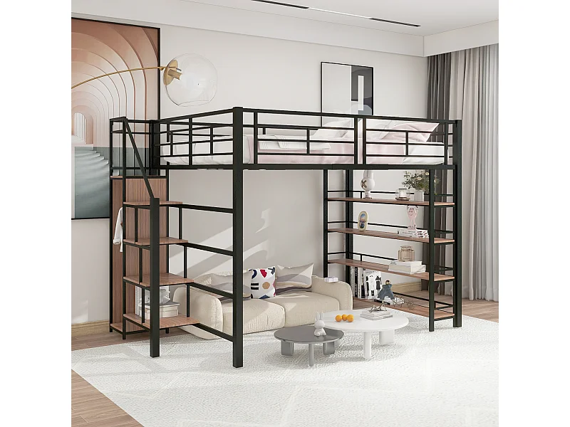 Cama alta 140 x 200 cm con estantes y armario pequeño - estructura de metal - negro