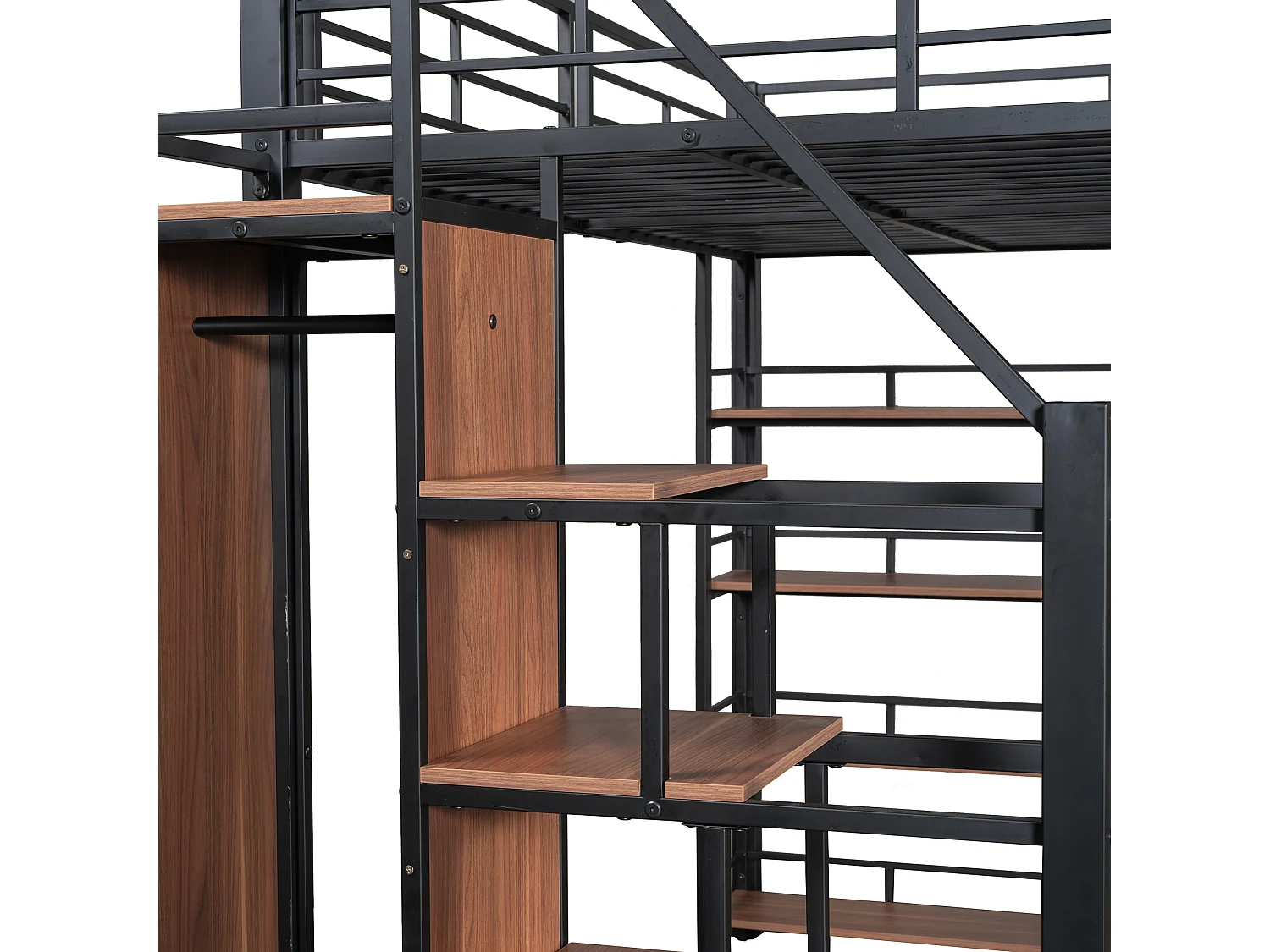 Hochbett 140 x 200 cm mit Ablageflächen und kleinem Kleiderschrank – Metallgestell – Schwarz