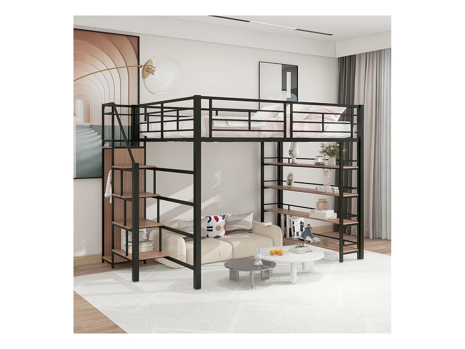 Hochbett 140 x 200 cm mit Ablageflächen und kleinem Kleiderschrank – Metallgestell – Schwarz