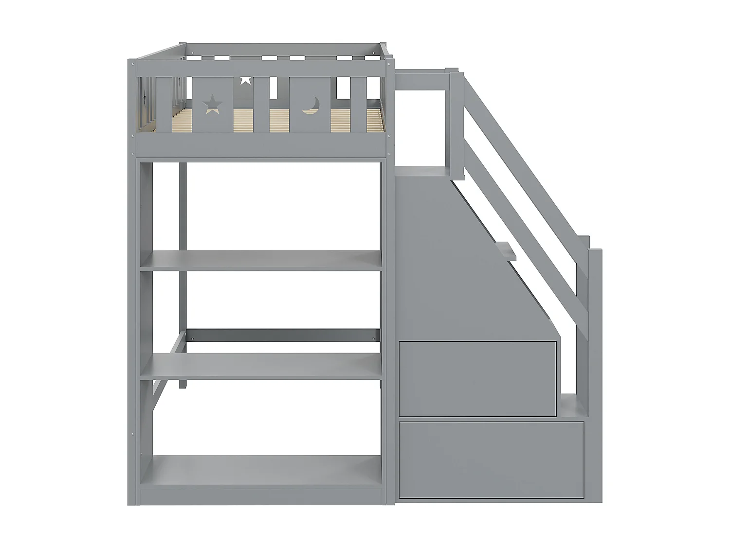 Lit mezzanine 90 x 200 cm avec échelle de rangement et étagères - Bois de pin et MDF - Gris