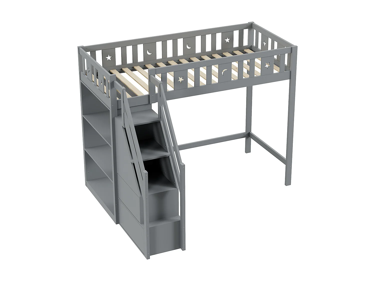 Lit mezzanine 90 x 200 cm avec échelle de rangement et étagères - Bois de pin et MDF - Gris