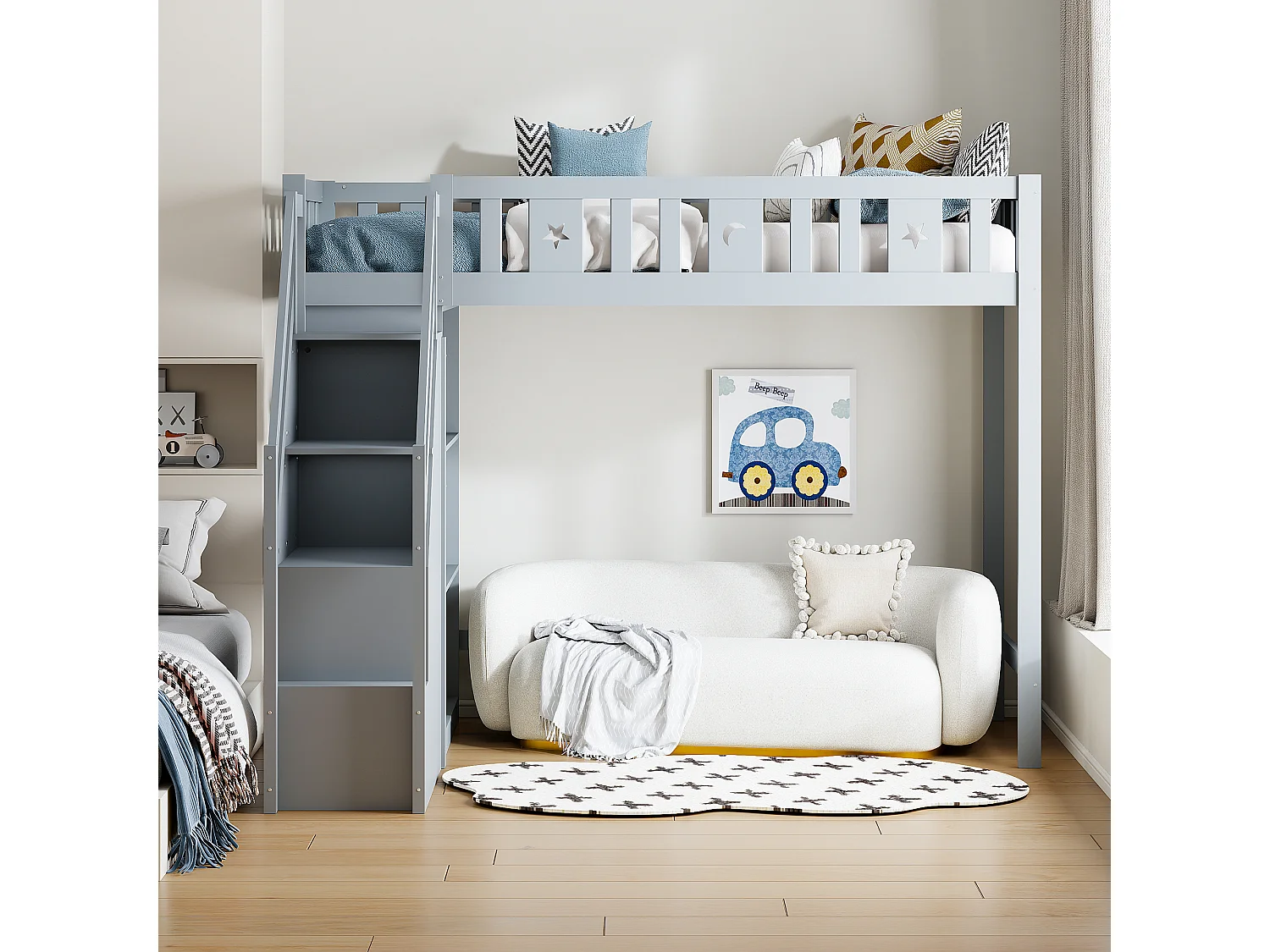 Lit mezzanine 90 x 200 cm avec échelle de rangement et étagères - Bois de pin et MDF - Gris