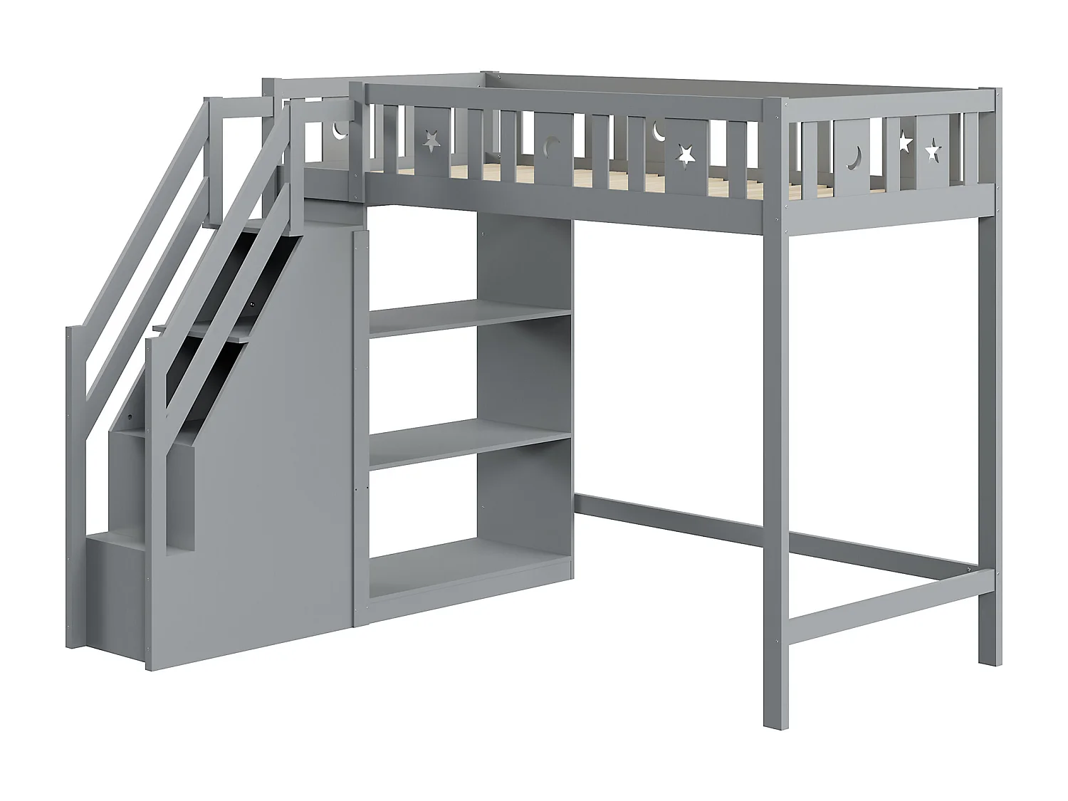 Lit mezzanine 90 x 200 cm avec échelle de rangement et étagères - Bois de pin et MDF - Gris