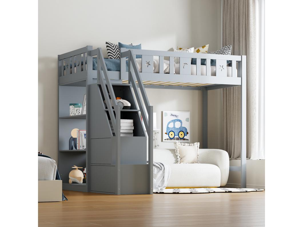 Cama alta 90 x 200 cm con escalera y estantes - Madera de pino y MDF - Gris