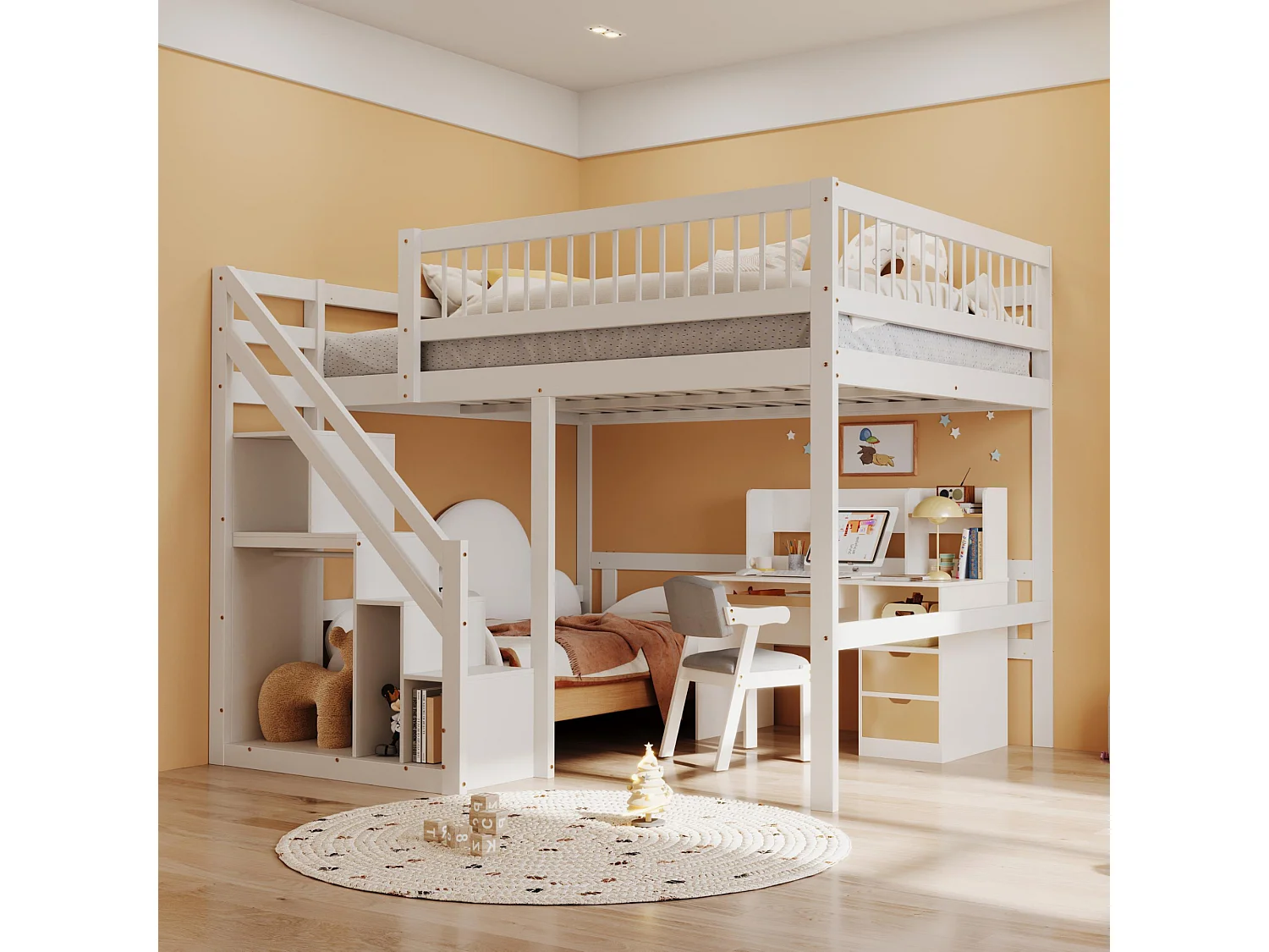 Łóżko antresola z litego drewna 140 x 200 cm ze schowkiem - schody bezpieczeństwa - białe