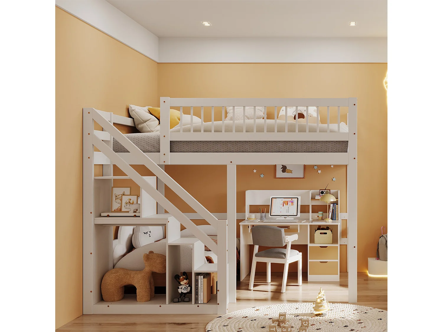 Łóżko antresola z litego drewna 140 x 200 cm ze schowkiem - schody bezpieczeństwa - białe