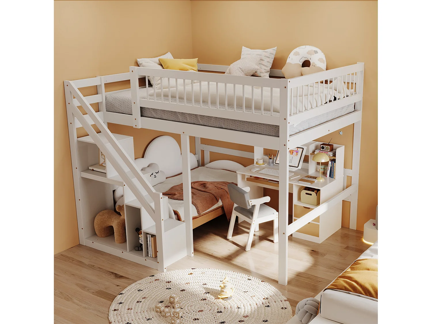 Łóżko antresola z litego drewna 140 x 200 cm ze schowkiem - schody bezpieczeństwa - białe