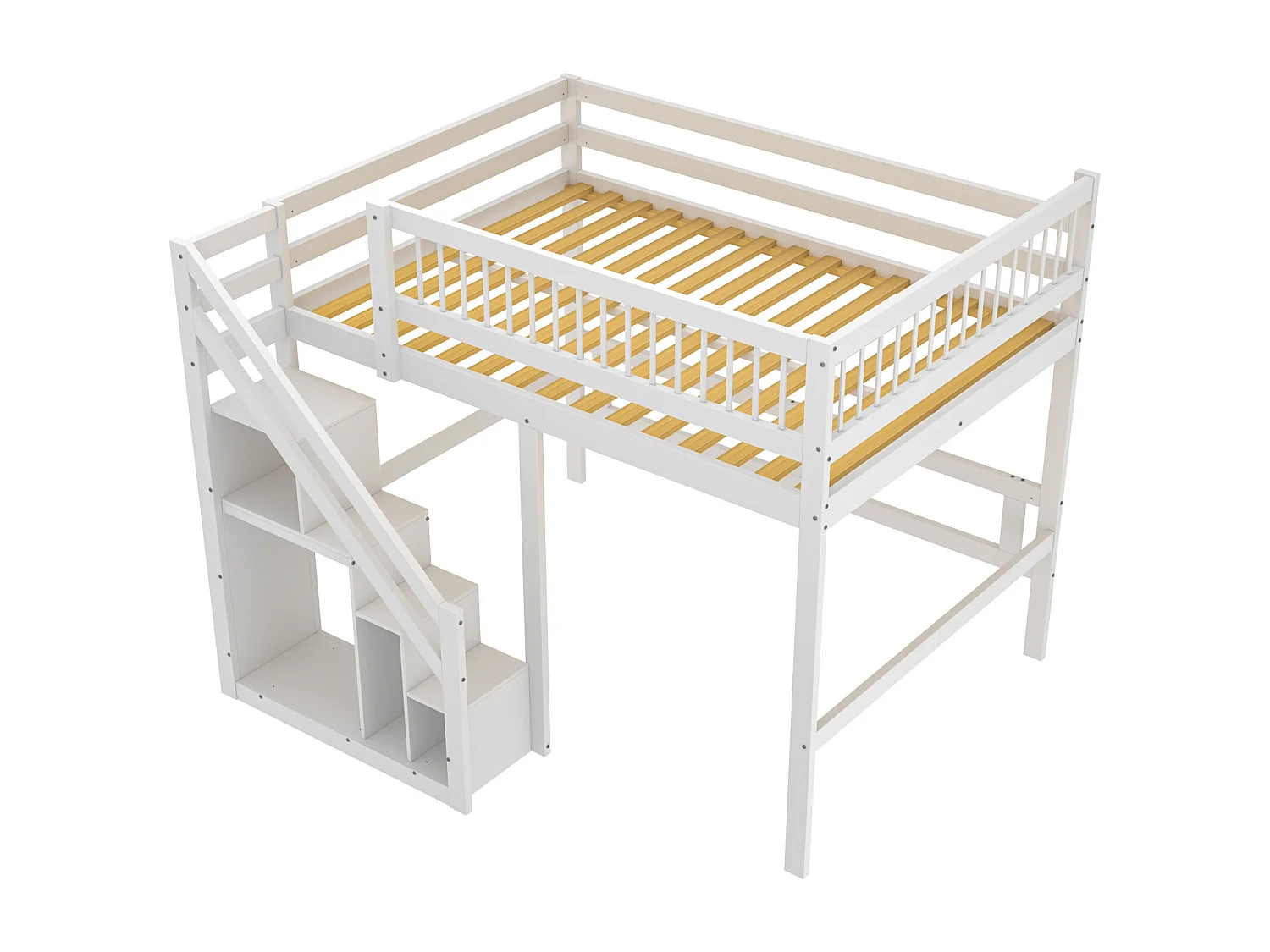 Łóżko antresola z litego drewna 140 x 200 cm ze schowkiem - schody bezpieczeństwa - białe