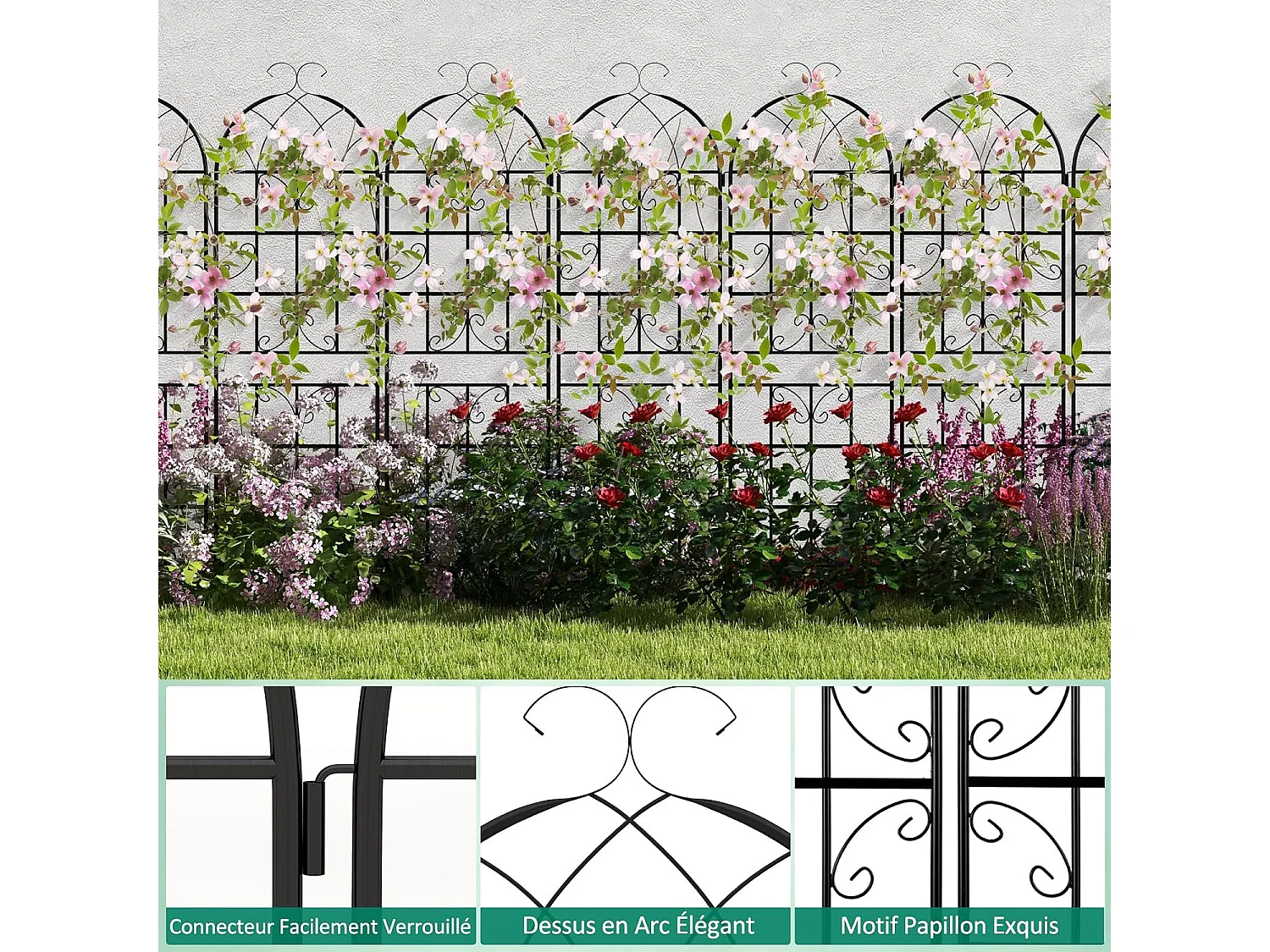 Lot de 4 Treillis de Jardin en Métal 180 x 50 cm, Clôture Décorative pour Plante Grimpante, Grille Fleurs Antirouille pour Jardin, Cour, Patio, Noir