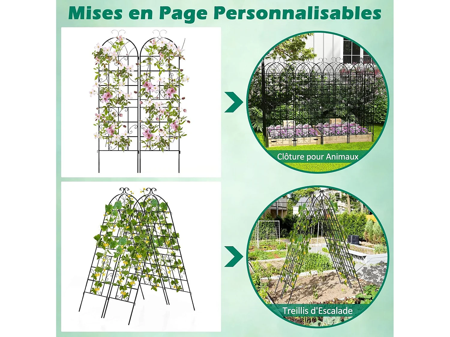Lot de 4 Treillis de Jardin en Métal 180 x 50 cm, Clôture Décorative pour Plante Grimpante, Grille Fleurs Antirouille pour Jardin, Cour, Patio, Noir