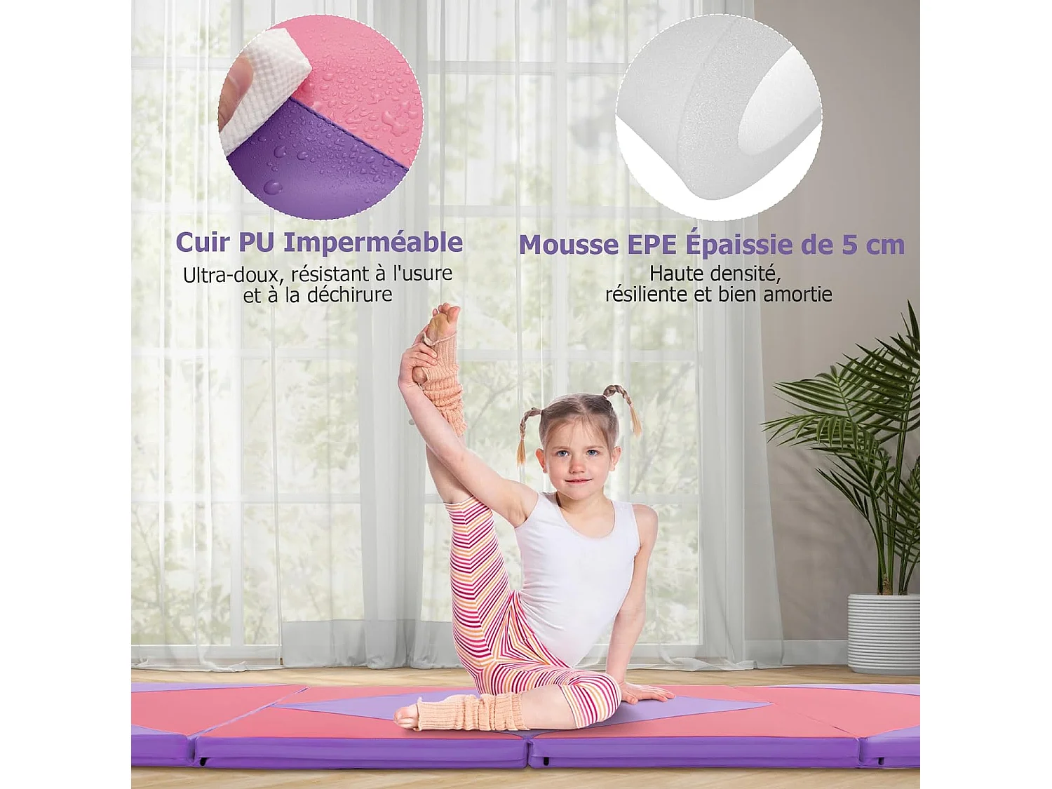 Tapis de Gymnastique Pliable Epais 240x117x5CM, Matelas d'Entrainement en Mousse et PU avec Poignées, pour Gymnastes Entraînements Sportifs Yoga (Rose et violet)