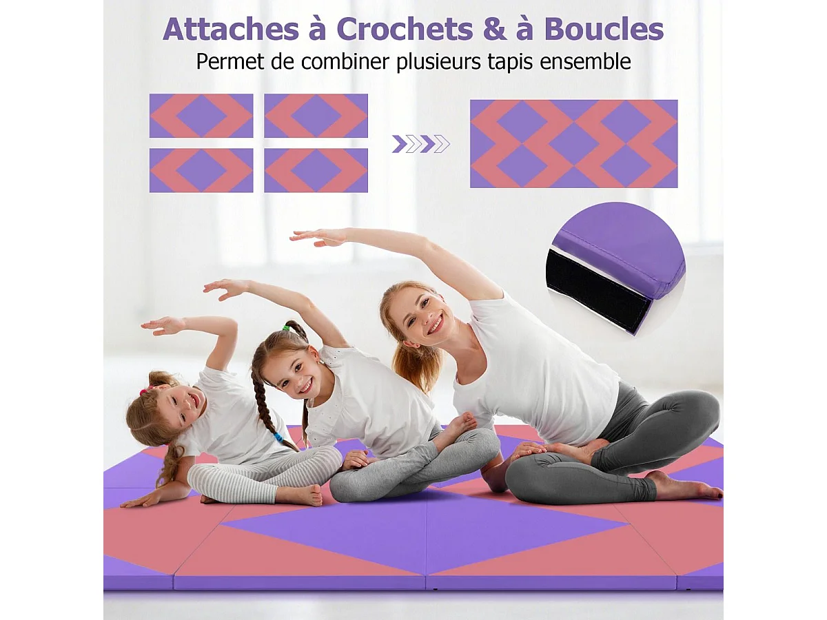 Tapis de Gymnastique Pliable Epais 240x117x5CM, Matelas d'Entrainement en Mousse et PU avec Poignées, pour Gymnastes Entraînements Sportifs Yoga (Rose et violet)