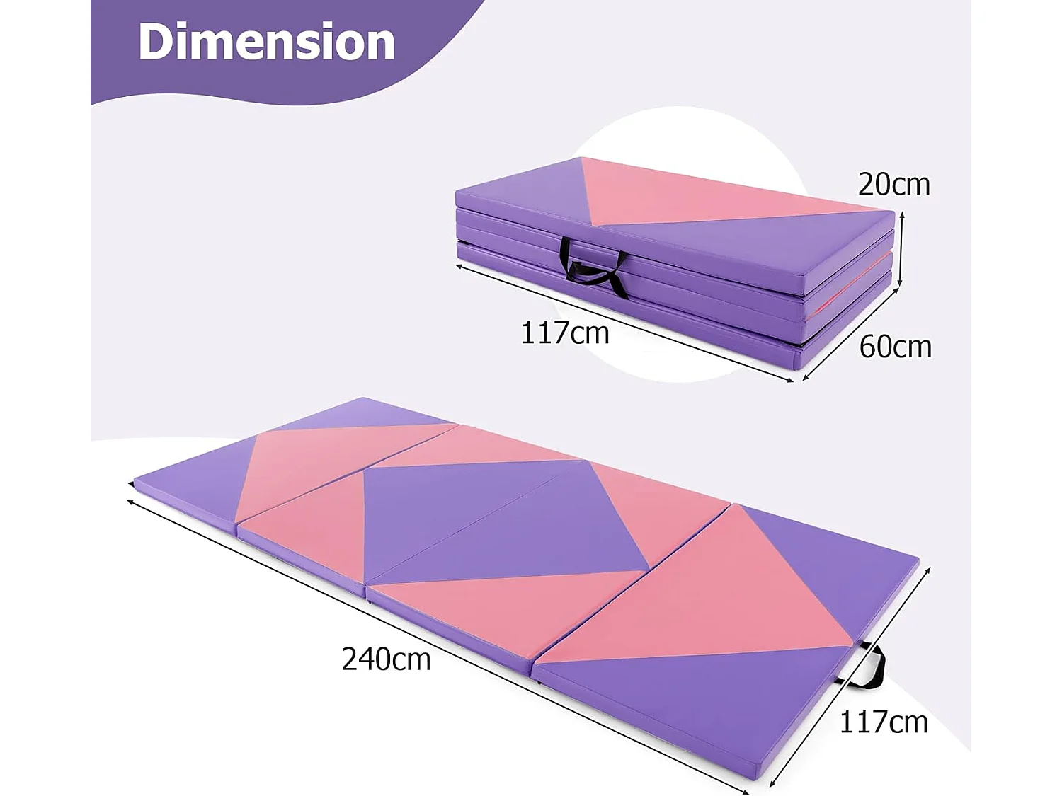 Tapis de Gymnastique Pliable Epais 240x117x5CM, Matelas d'Entrainement en Mousse et PU avec Poignées, pour Gymnastes Entraînements Sportifs Yoga (Rose et violet)