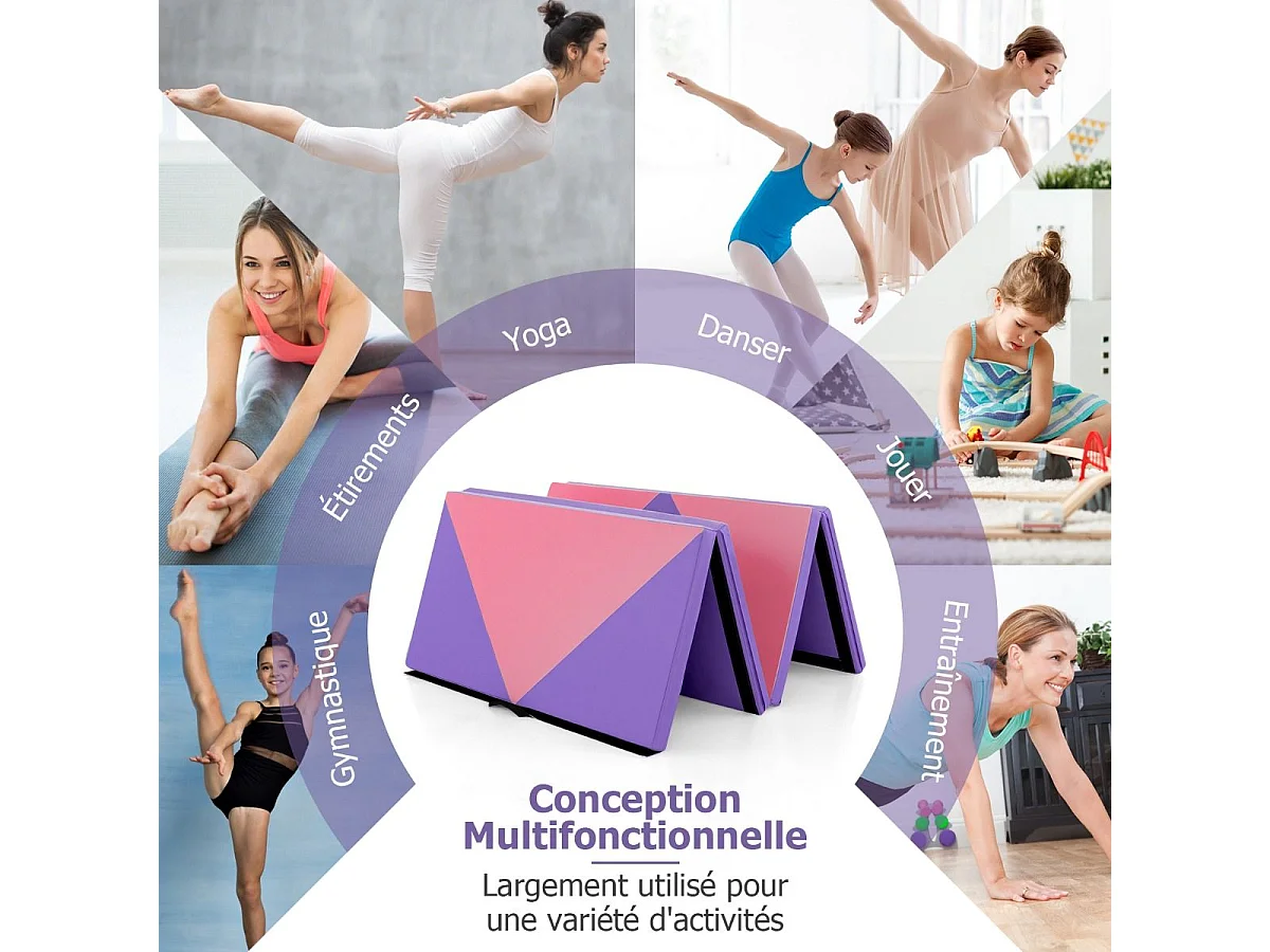 Tapis de Gymnastique Pliable Epais 240x117x5CM, Matelas d'Entrainement en Mousse et PU avec Poignées, pour Gymnastes Entraînements Sportifs Yoga (Rose et violet)