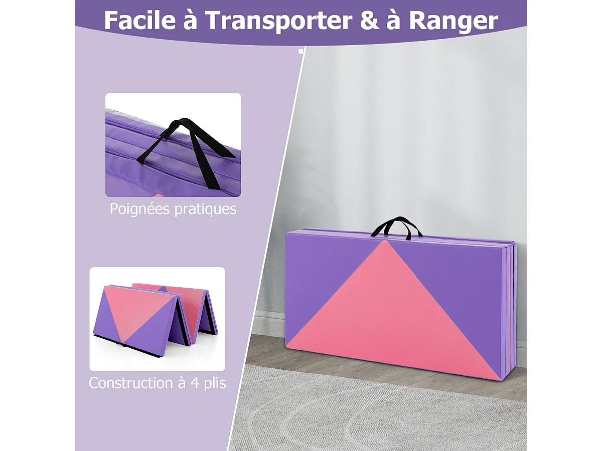 Tapis de Gymnastique Pliable Epais 240x117x5CM, Matelas d'Entrainement en Mousse et PU avec Poignées, pour Gymnastes Entraînements Sportifs Yoga (Rose et violet)