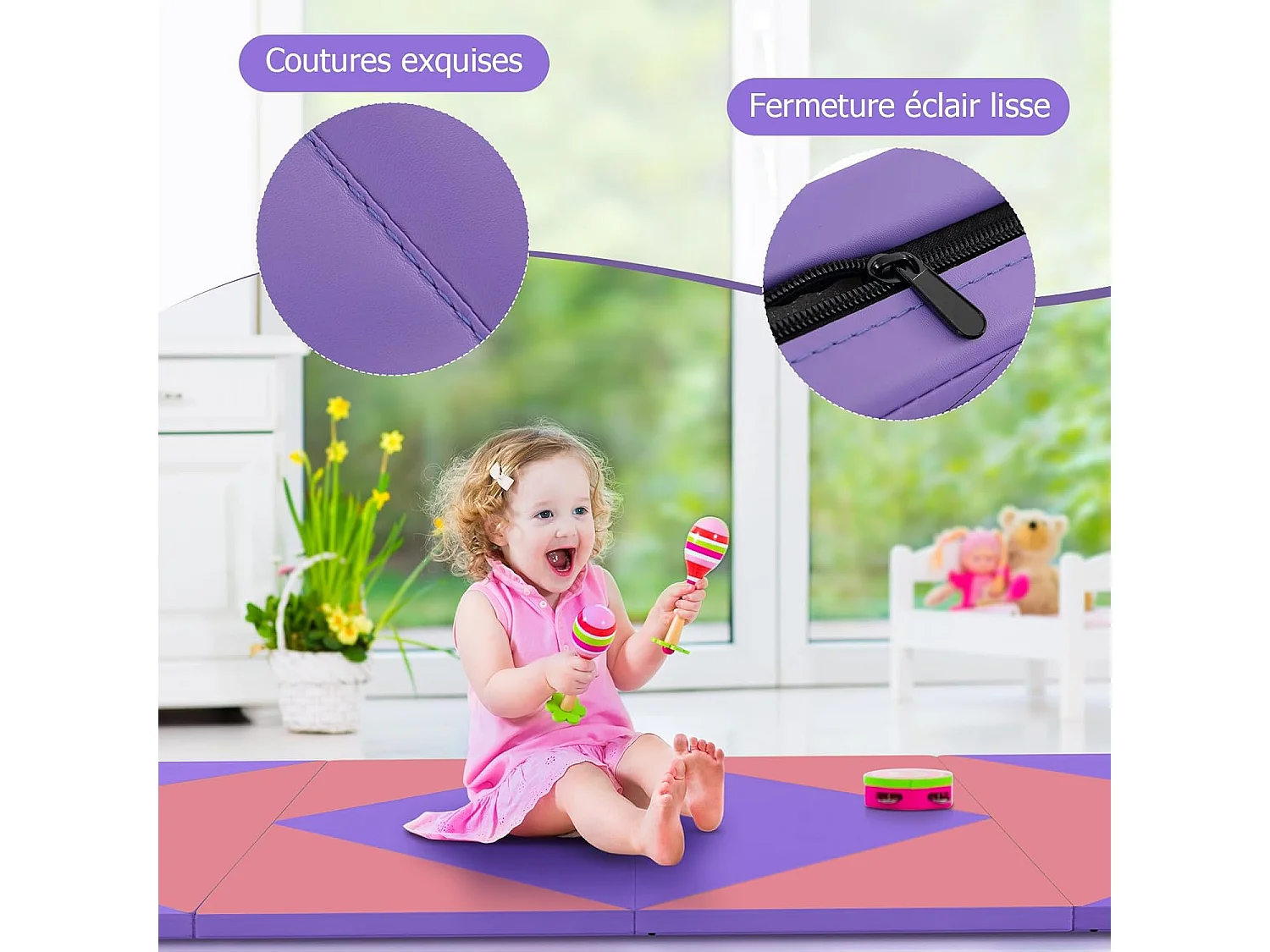 Tapis de Gymnastique Pliable Epais 240x117x5CM, Matelas d'Entrainement en Mousse et PU avec Poignées, pour Gymnastes Entraînements Sportifs Yoga (Rose et violet)
