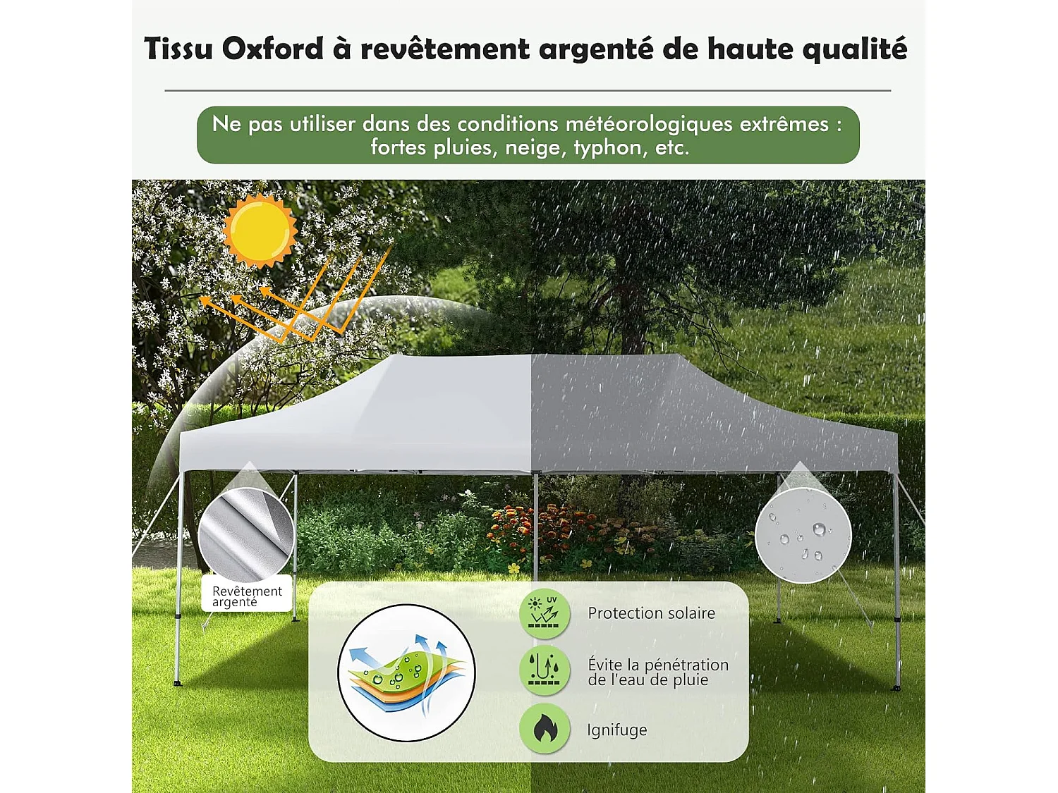 Tonnelle de Jardin Instantanée Portable 3Mx6M, Auvent Pliable Camping Imperméable Anti-UV SFP +50 avec Roues et Sac Disponibles, pour 16-20 Personnes