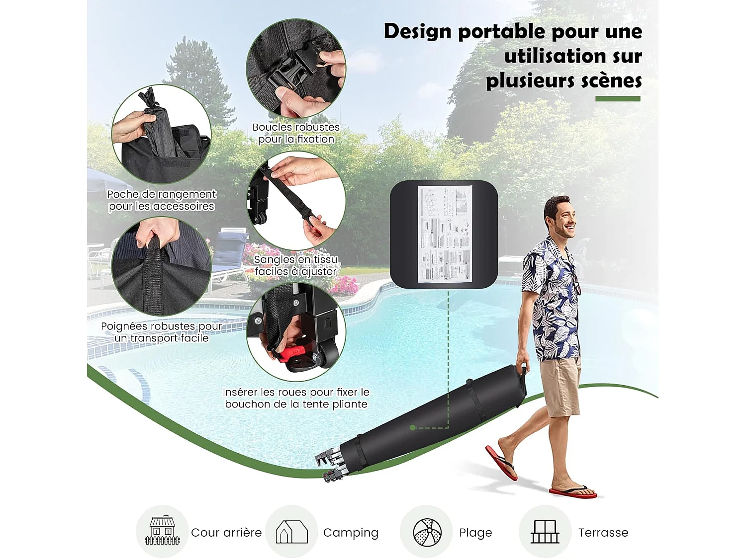 Tonnelle de Jardin Instantanée Portable 3Mx6M, Auvent Pliable Camping Imperméable Anti-UV SFP +50 avec Roues et Sac Disponibles, pour 16-20 Personnes