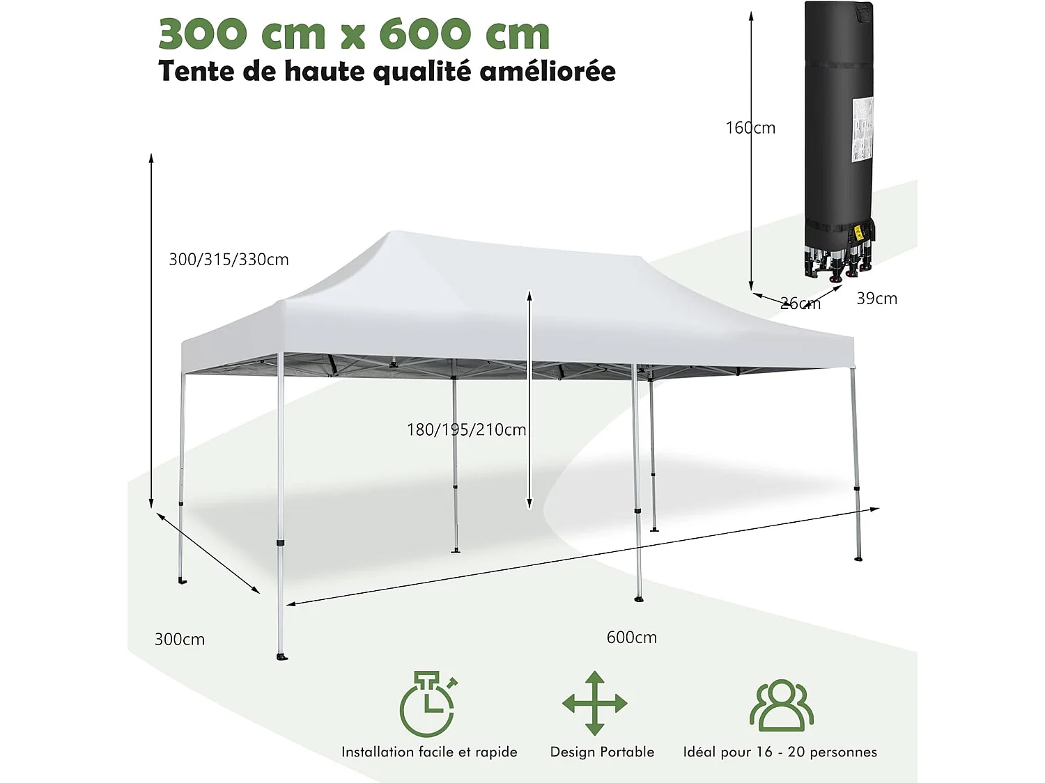 Tonnelle de Jardin Instantanée Portable 3Mx6M, Auvent Pliable Camping Imperméable Anti-UV SFP +50 avec Roues et Sac Disponibles, pour 16-20 Personnes