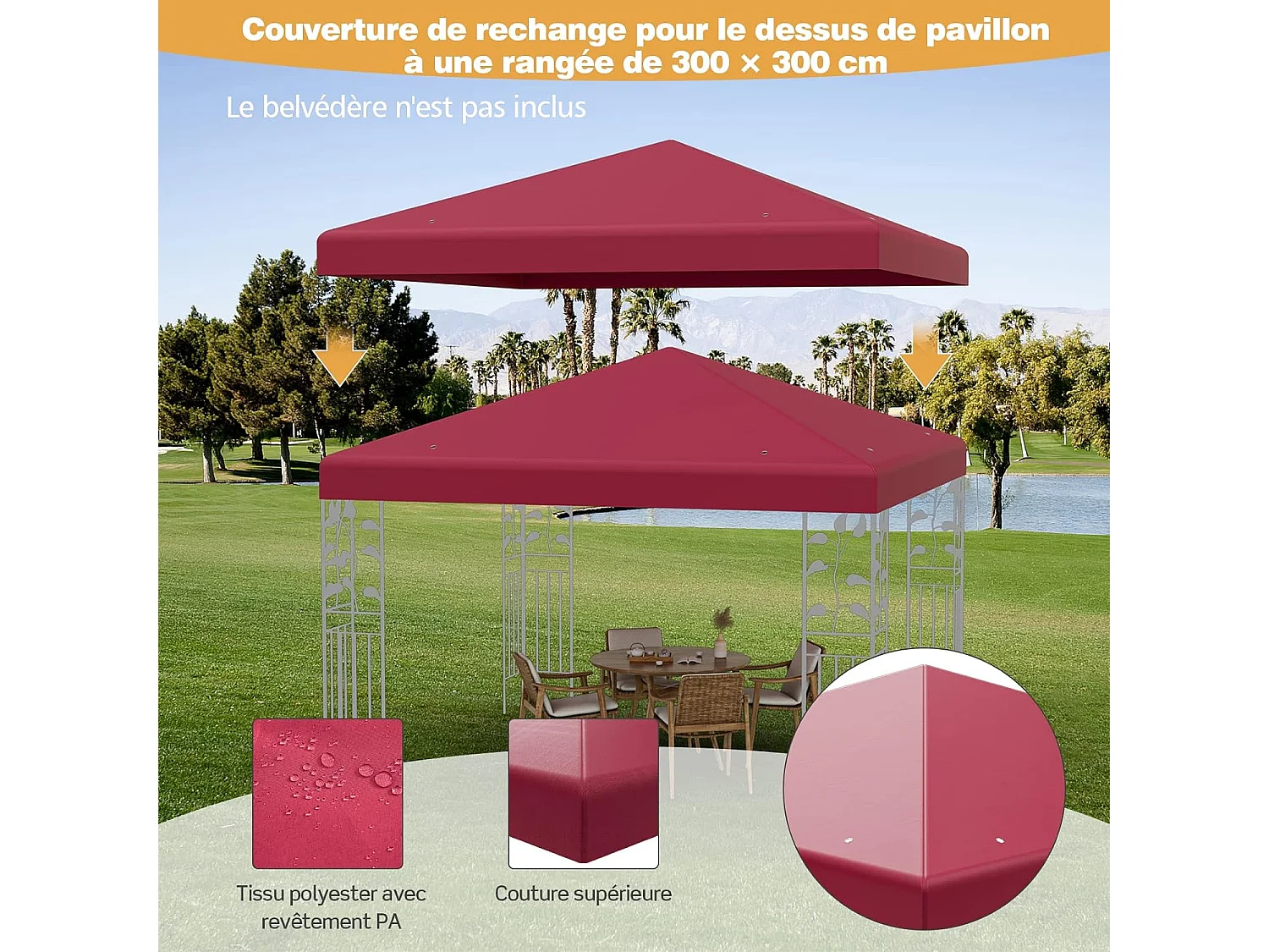 Toile de Toit de Rechange en Plastique et vinyle pour Pavillon Tonnelle Tente 300 x 300 cm Couleur au Choix (Vin Rouge)