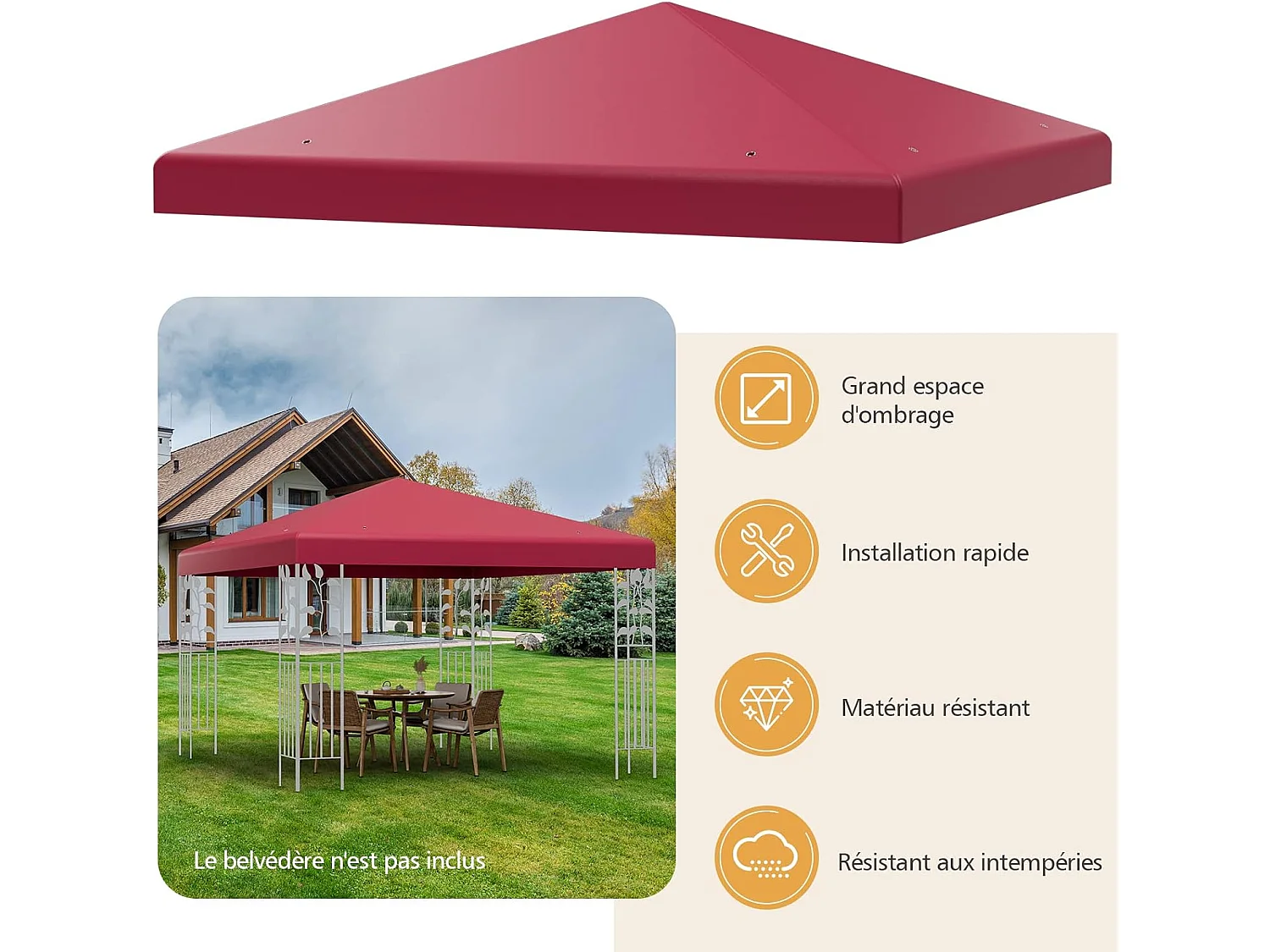 Toile de Toit de Rechange en Plastique et vinyle pour Pavillon Tonnelle Tente 300 x 300 cm Couleur au Choix (Vin Rouge)