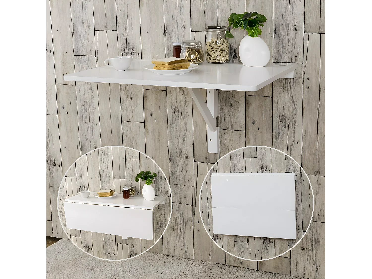 Table de Cuisine Pliante Rabattable Bureau Murale Mural Meuble de Cuisine en Bois pour Salle à Manger Chambre, Salon Blanc