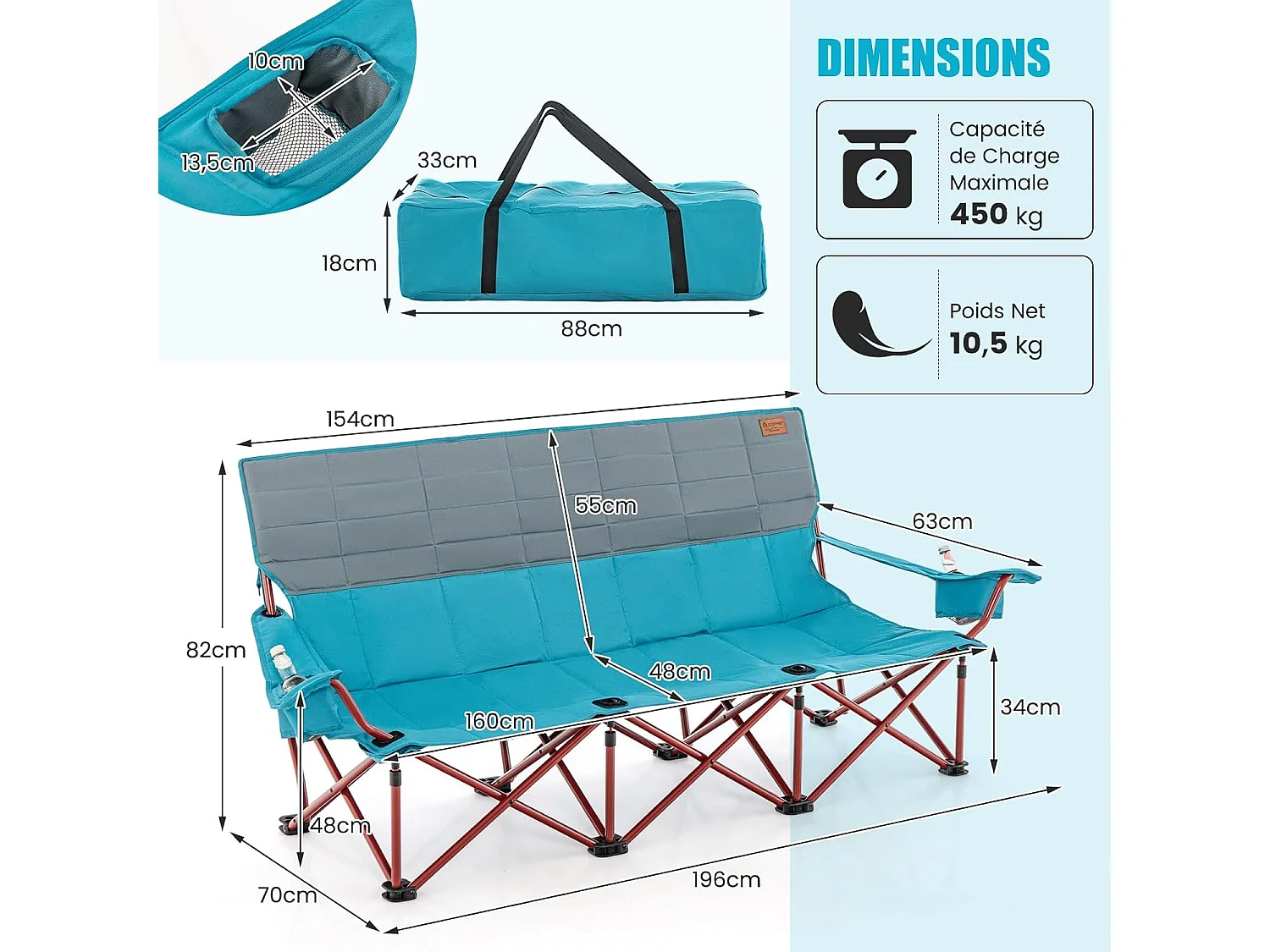 Chaise de Camping Surdimensionnée, Chaise de Pique-Nique Portable à 3 Places, Chaise de Plage avec Porte-gobelet et Sac de Transport, Charge 450 KG(196 x 70 x 82 cm, Bleu)