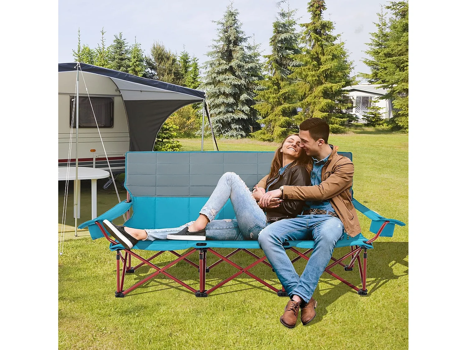 Chaise de Camping Surdimensionnée, Chaise de Pique-Nique Portable à 3 Places, Chaise de Plage avec Porte-gobelet et Sac de Transport, Charge 450 KG(196 x 70 x 82 cm, Bleu)