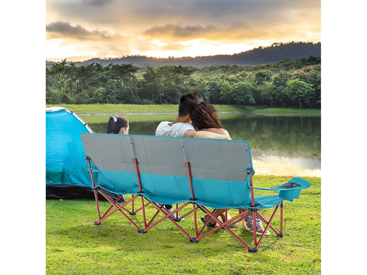 Chaise de Camping Surdimensionnée, Chaise de Pique-Nique Portable à 3 Places, Chaise de Plage avec Porte-gobelet et Sac de Transport, Charge 450 KG(196 x 70 x 82 cm, Bleu)