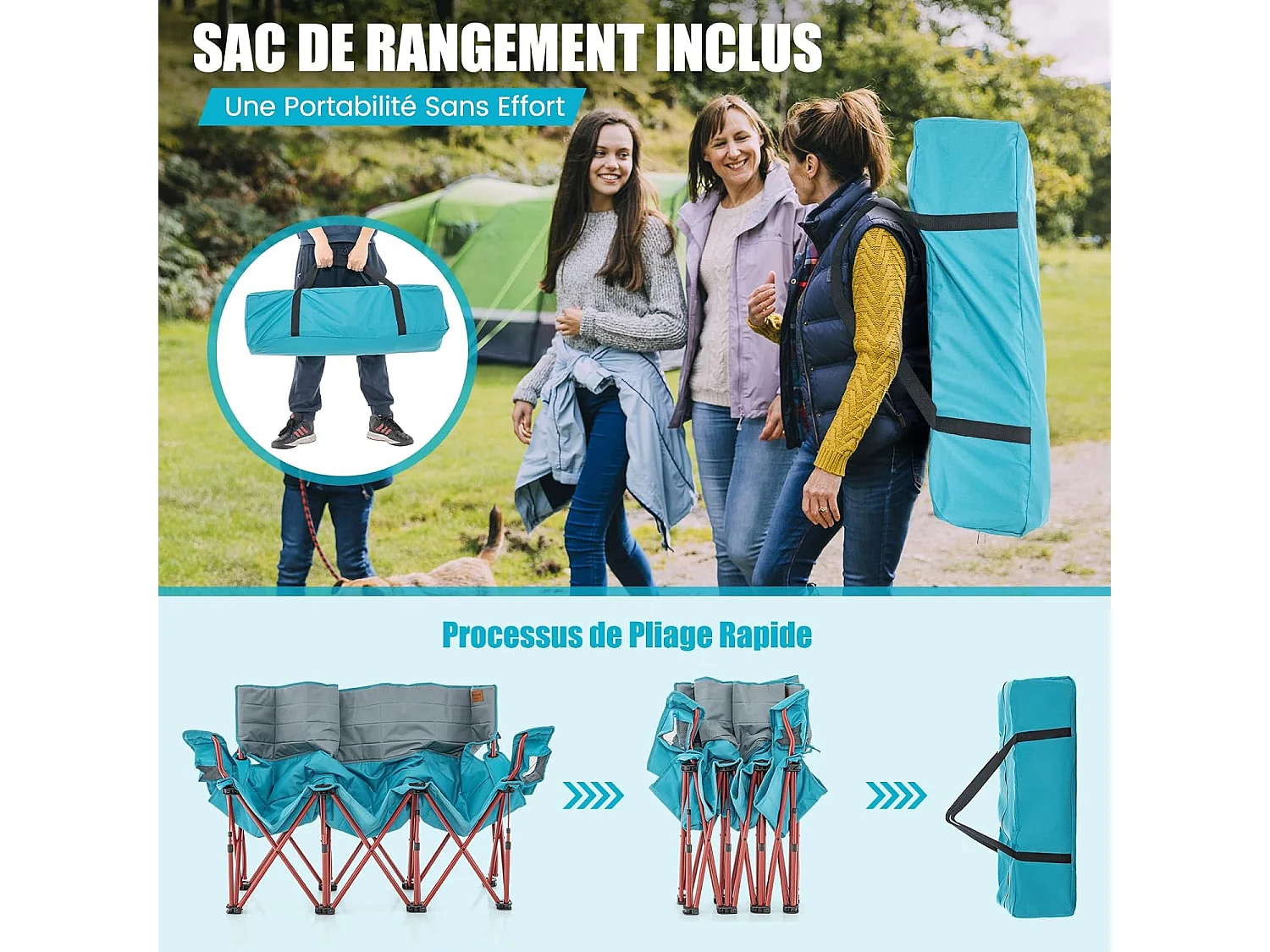 Chaise de Camping Surdimensionnée, Chaise de Pique-Nique Portable à 3 Places, Chaise de Plage avec Porte-gobelet et Sac de Transport, Charge 450 KG(196 x 70 x 82 cm, Bleu)