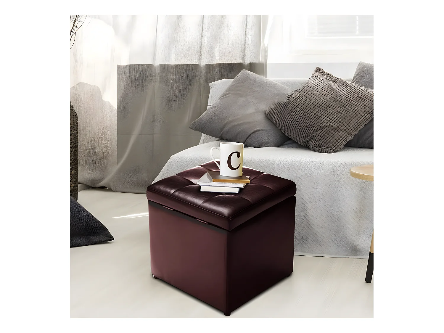 Tabouret Pouf Coffre Boîte de Rangement Repose-Pied Ottoman avec Espace de Stockage Cuir PU, Charge 150 kg, 40 x 40 x 40 cm (Beige)