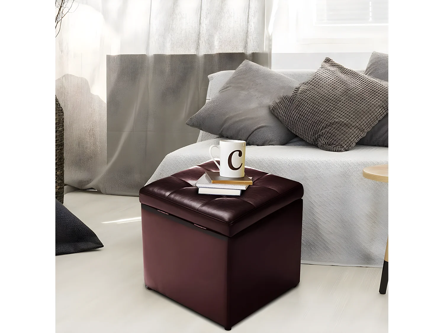 Tabouret Pouf Coffre Boîte de Rangement Repose-Pied Ottoman avec Espace de Stockage Cuir PU, Charge 150 kg, 40 x 40 x 40 cm (Beige)