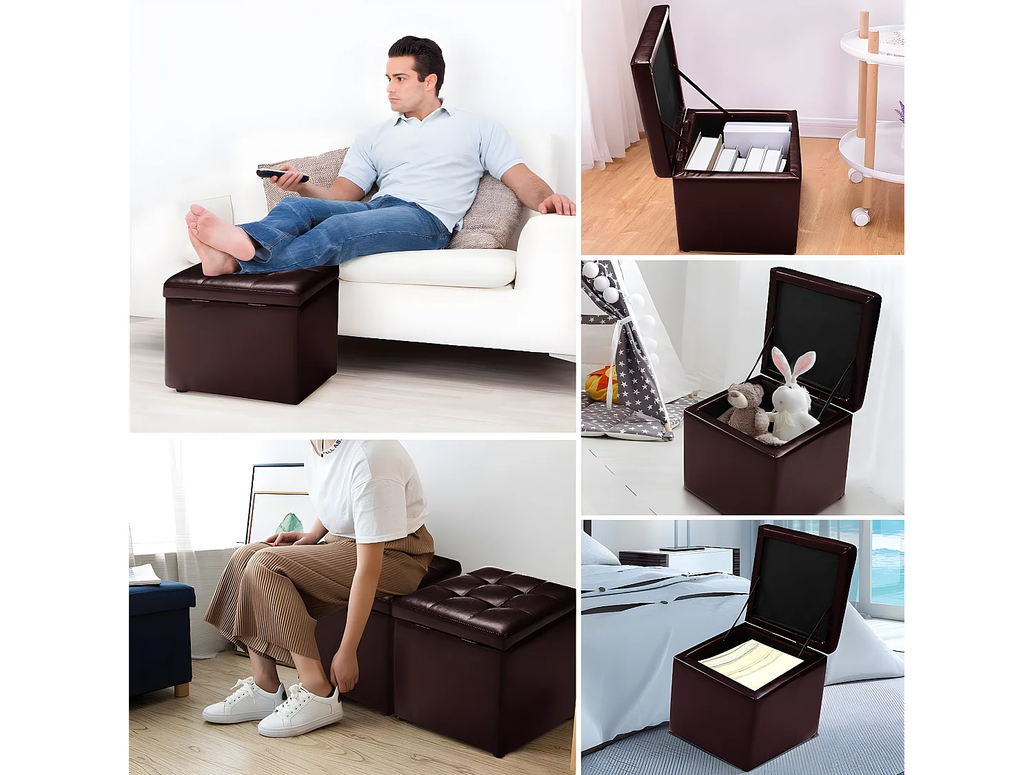 Tabouret Pouf Coffre Boîte de Rangement Repose-Pied Ottoman avec Espace de Stockage Cuir PU, Charge 150 kg, 40 x 40 x 40 cm (Beige)