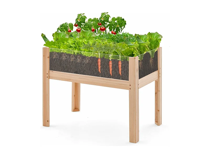 Jardinière Surélevée en Bois sur Pieds 130 L, Lit de Jardin avec Trous de Drainage Panneaux Acryliques Transparent Hauteur Adaptée, pour Légumes Herbes Fleurs Naturel (100 x 59 x 77 cm)