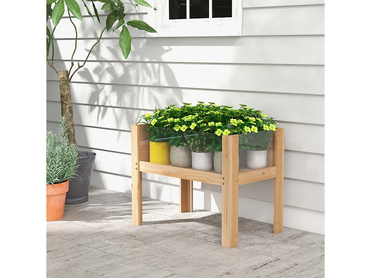 Houten verhoogde plantenbak op poten 130L, tuinbed met drainagegaten, heldere acrylpanelen, geschikte hoogte, voor groenten, kruiden, bloemen, natuurlijk (100 x 59 x 77 cm)