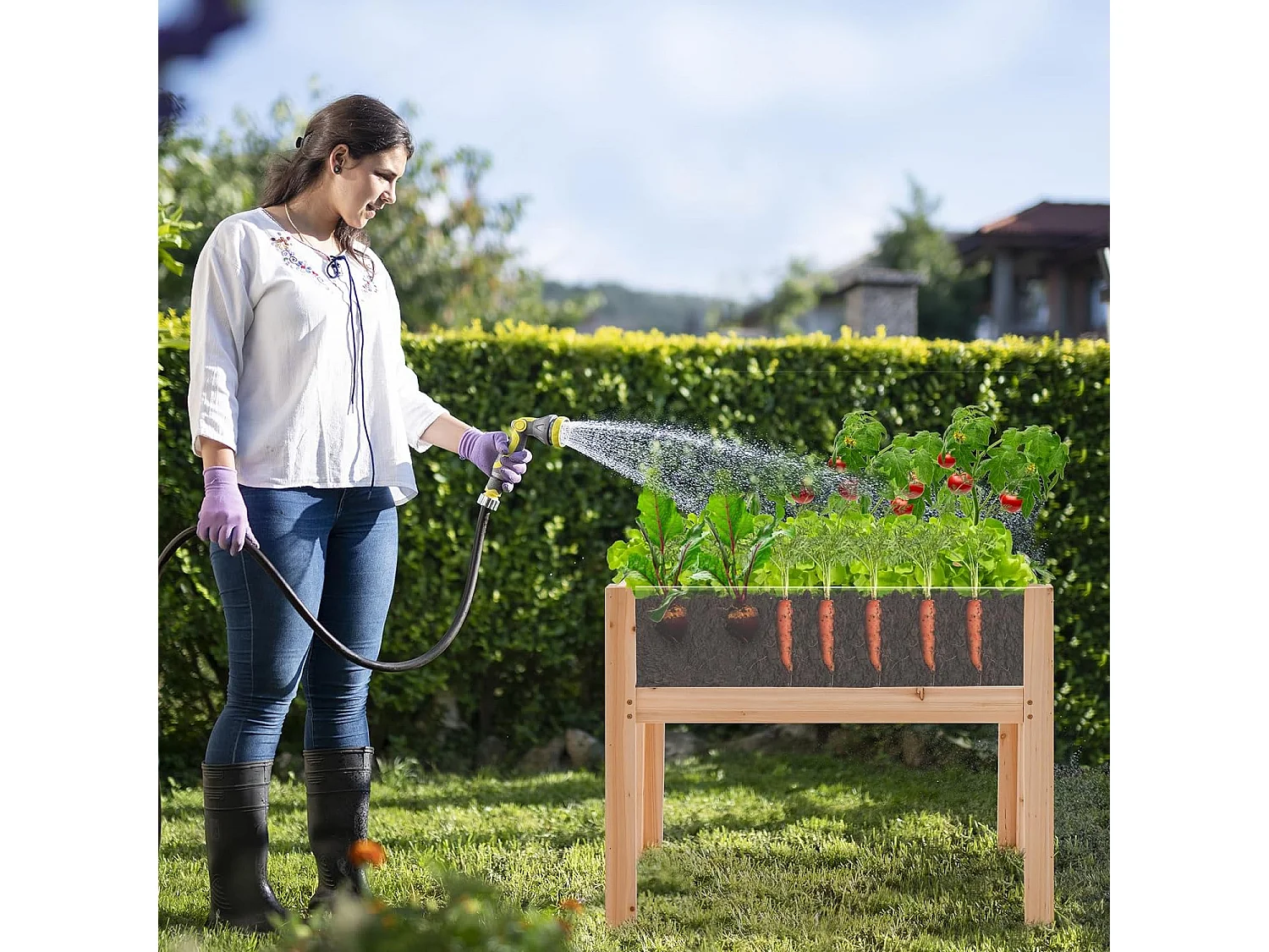 Houten verhoogde plantenbak op poten 130L, tuinbed met drainagegaten, heldere acrylpanelen, geschikte hoogte, voor groenten, kruiden, bloemen, natuurlijk (100 x 59 x 77 cm)