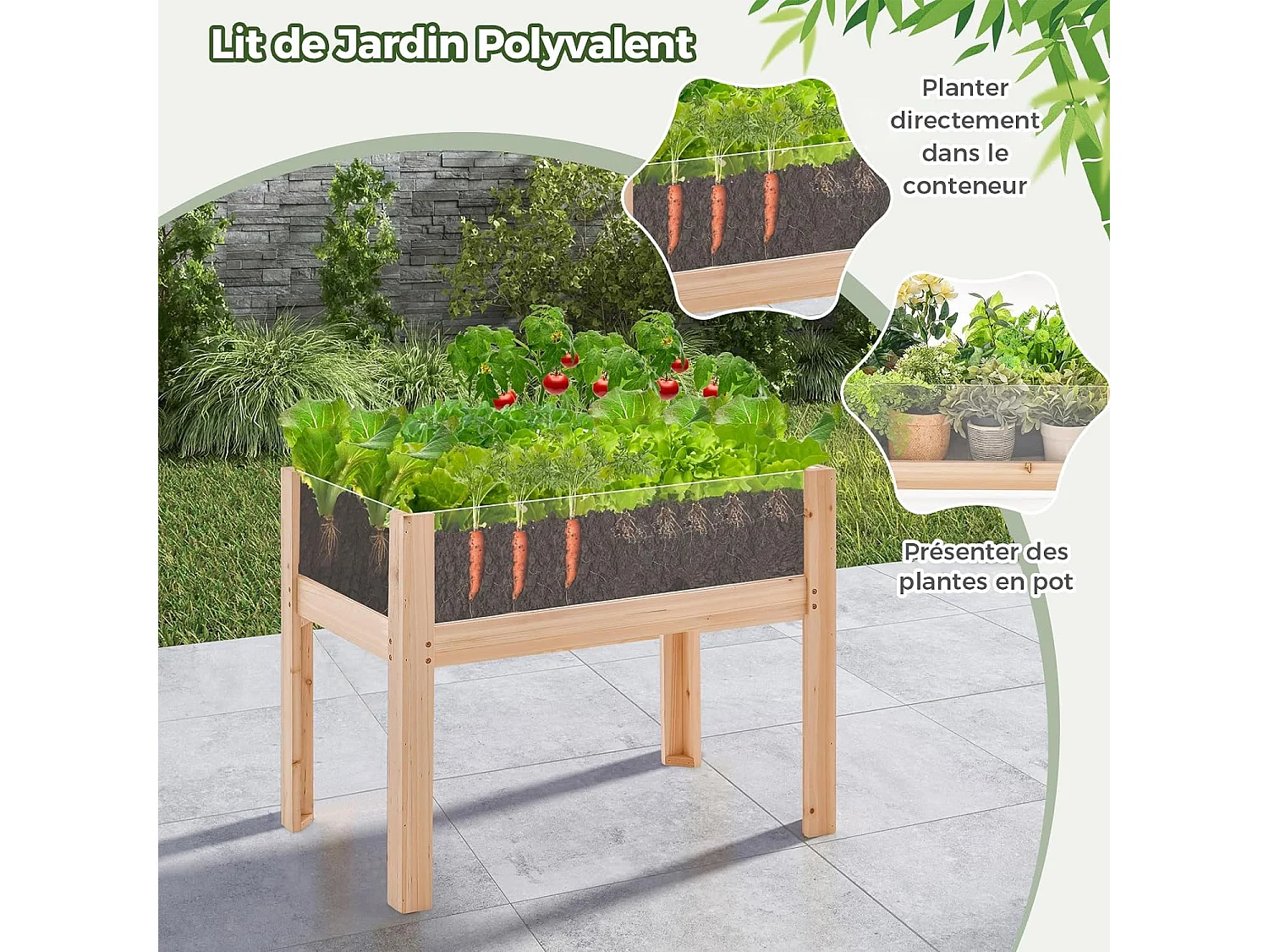 Houten verhoogde plantenbak op poten 130L, tuinbed met drainagegaten, heldere acrylpanelen, geschikte hoogte, voor groenten, kruiden, bloemen, natuurlijk (100 x 59 x 77 cm)