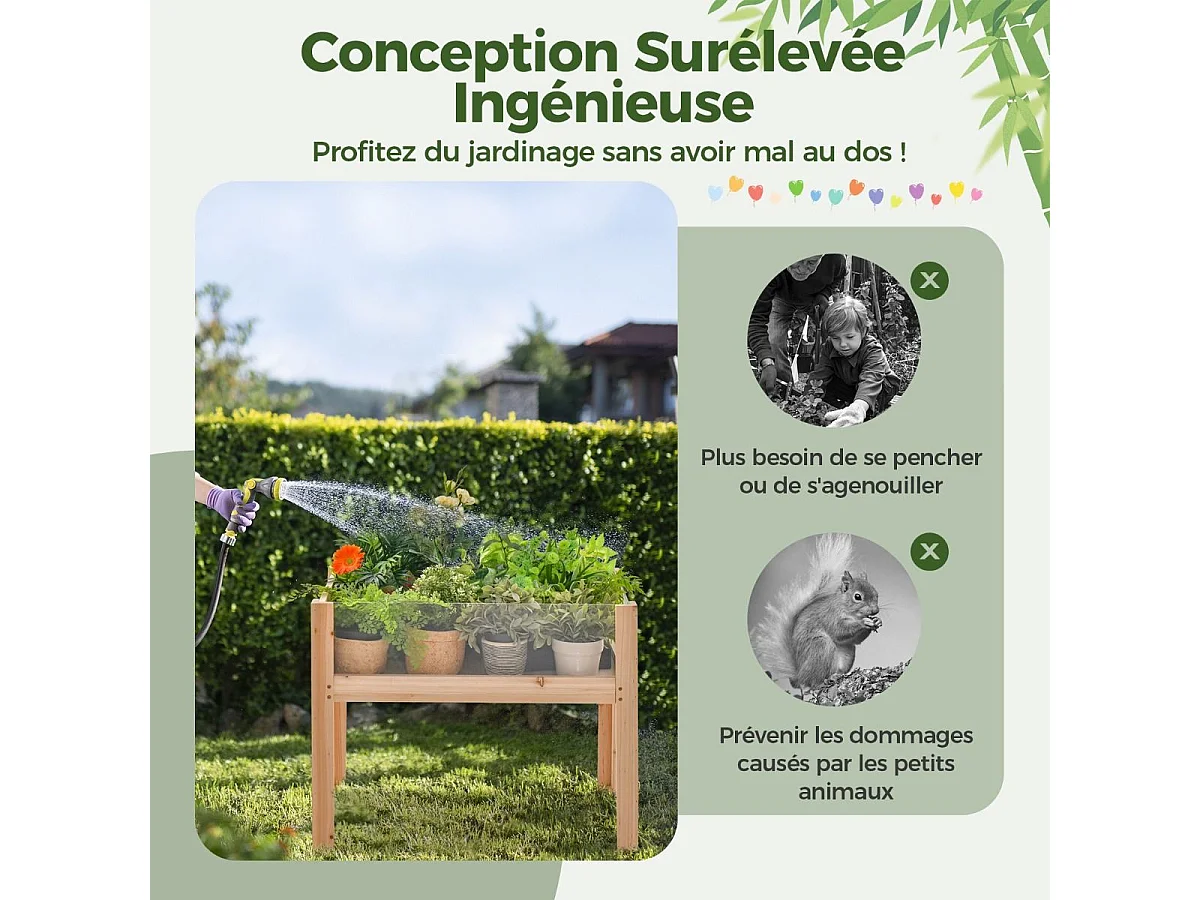 Houten verhoogde plantenbak op poten 130L, tuinbed met drainagegaten, heldere acrylpanelen, geschikte hoogte, voor groenten, kruiden, bloemen, natuurlijk (100 x 59 x 77 cm)