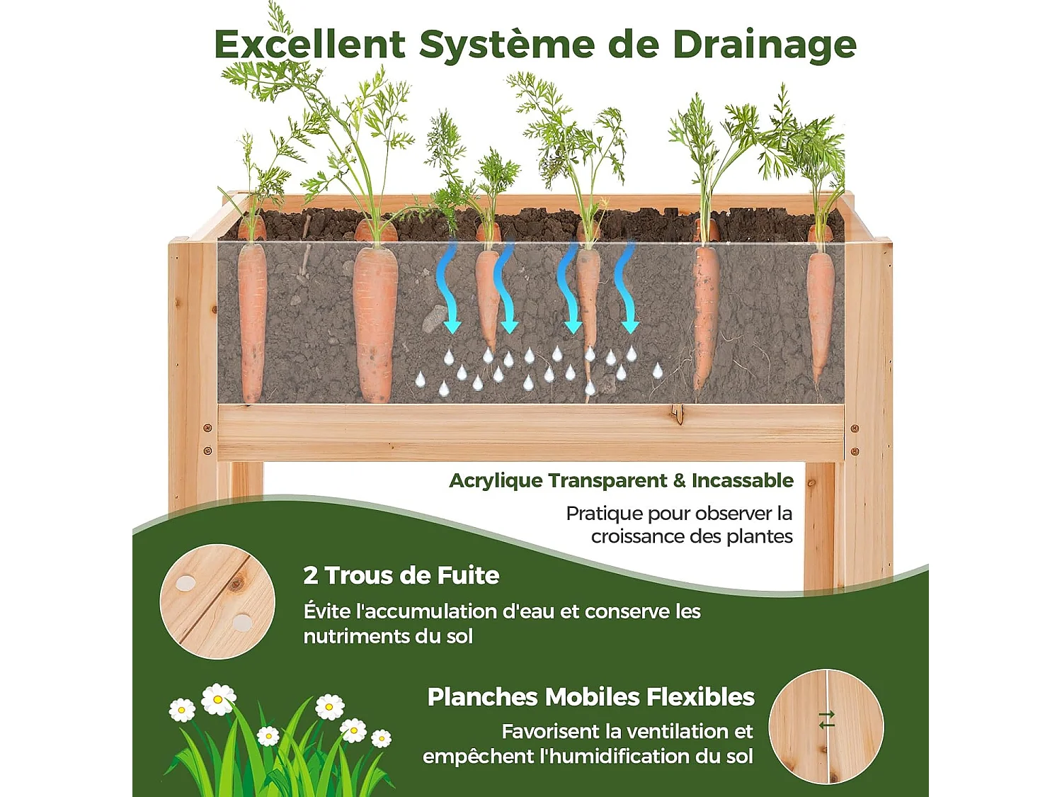 Jardinière Surélevée en Bois sur Pieds 130 L, Lit de Jardin avec Trous de Drainage Panneaux Acryliques Transparent Hauteur Adaptée, pour Légumes Herbes Fleurs Naturel (100 x 59 x 77 cm)