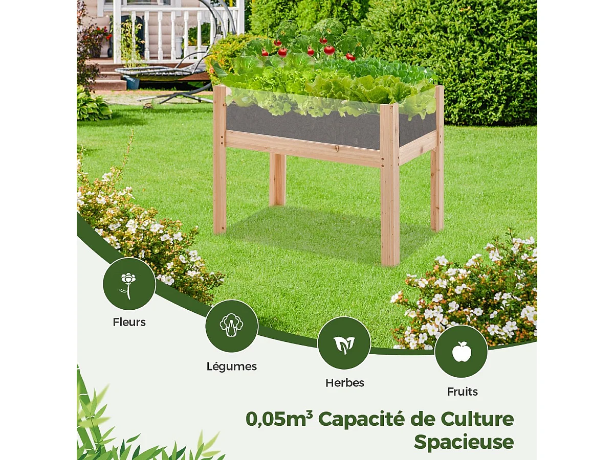 Jardinière Surélevée en Bois sur Pieds 130 L, Lit de Jardin avec Trous de Drainage Panneaux Acryliques Transparent Hauteur Adaptée, pour Légumes Herbes Fleurs Naturel (100 x 59 x 77 cm)