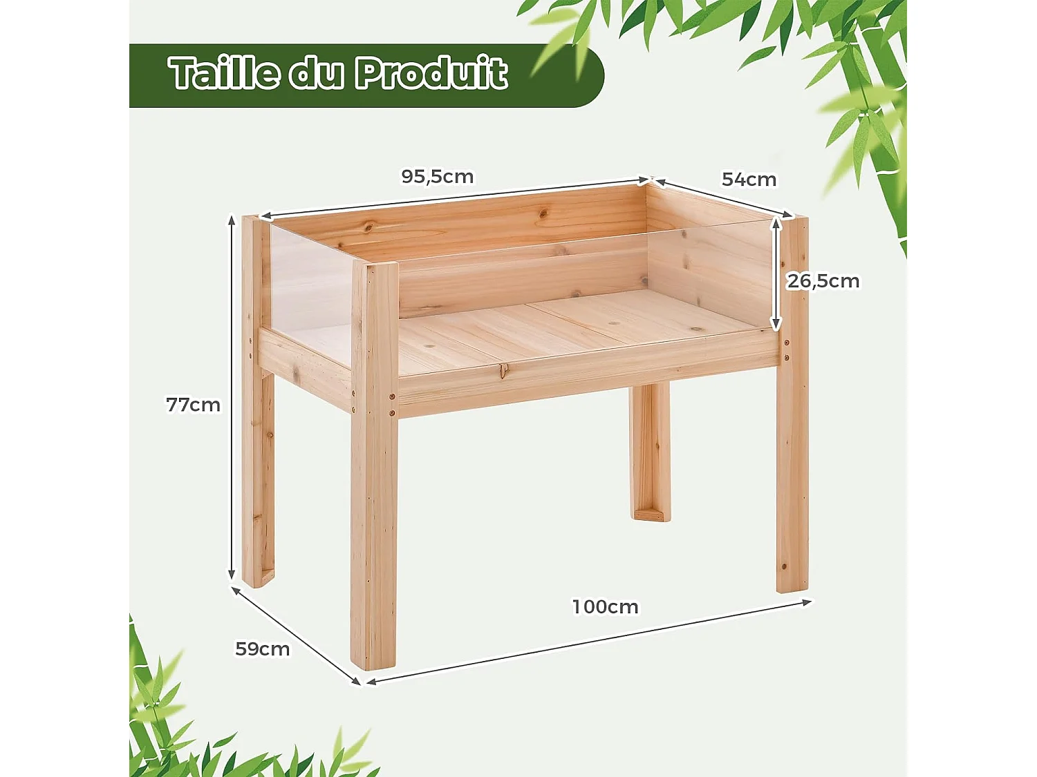 Jardinière Surélevée en Bois sur Pieds 130 L, Lit de Jardin avec Trous de Drainage Panneaux Acryliques Transparent Hauteur Adaptée, pour Légumes Herbes Fleurs Naturel (100 x 59 x 77 cm)
