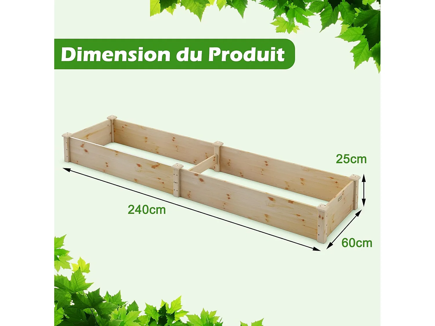 Jardinière Surélevée Rectangulaire en Bois de SaBois Base Ouverte 240x60x25CM, Lit de Jardin Facile à Assembler pour Culture Fruits Légumes, pour Patio Balcon