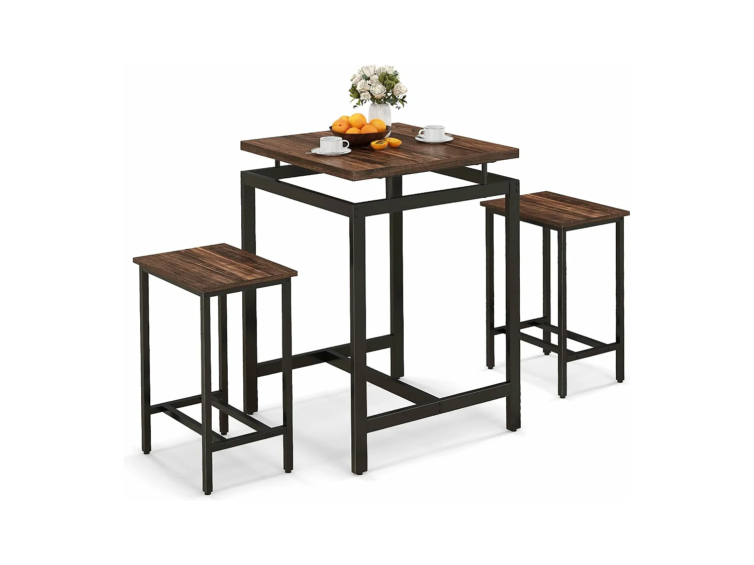 Table Haute avec 2 Tabourets, Table Chaise Encastrable, Table Design Flottant, Table Cuisine Petit Espace pour Bar Exterieur Jardin, Table à Manger 60 x 60 x 90 cm