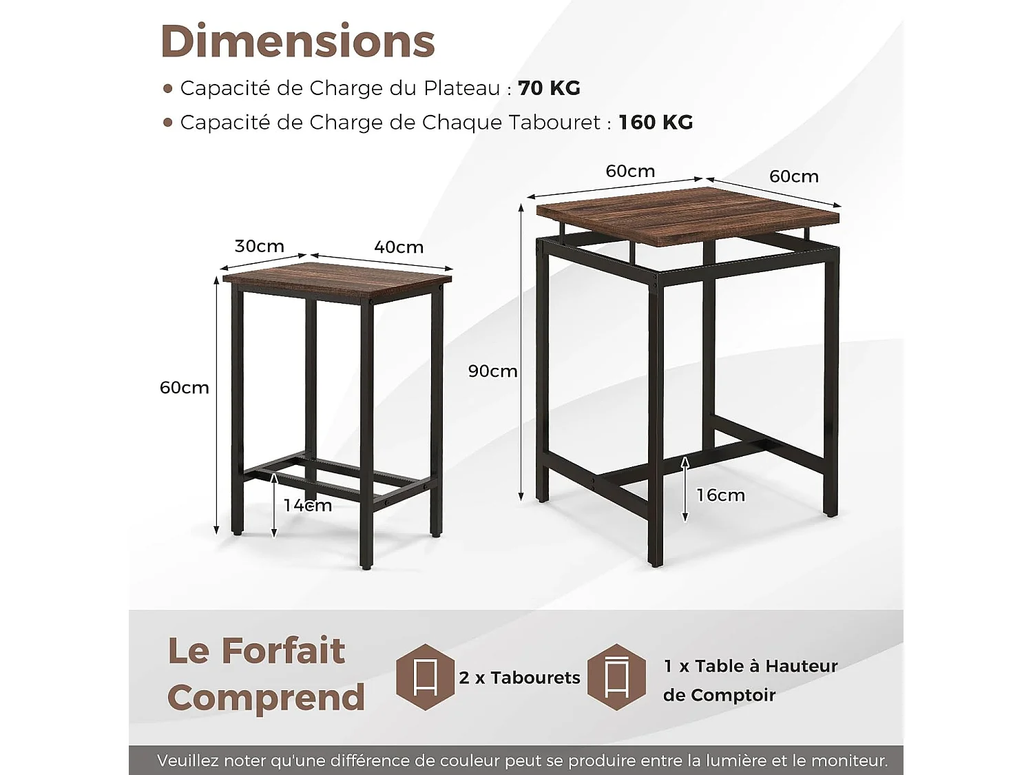 Table Haute avec 2 Tabourets, Table Chaise Encastrable, Table Design Flottant, Table Cuisine Petit Espace pour Bar Exterieur Jardin, Table à Manger 60 x 60 x 90 cm
