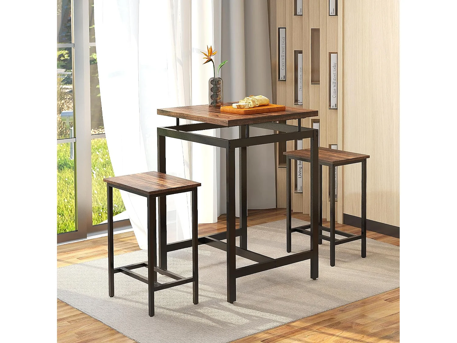 Table Haute avec 2 Tabourets, Table Chaise Encastrable, Table Design Flottant, Table Cuisine Petit Espace pour Bar Exterieur Jardin, Table à Manger 60 x 60 x 90 cm