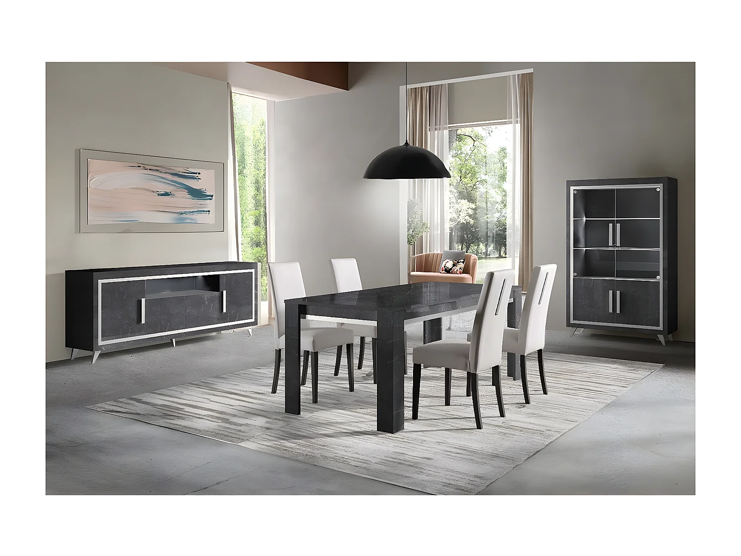 GUEDA - Lot de 4 Chaises Suédine Grise Détail Argenté et Bois Anthracite