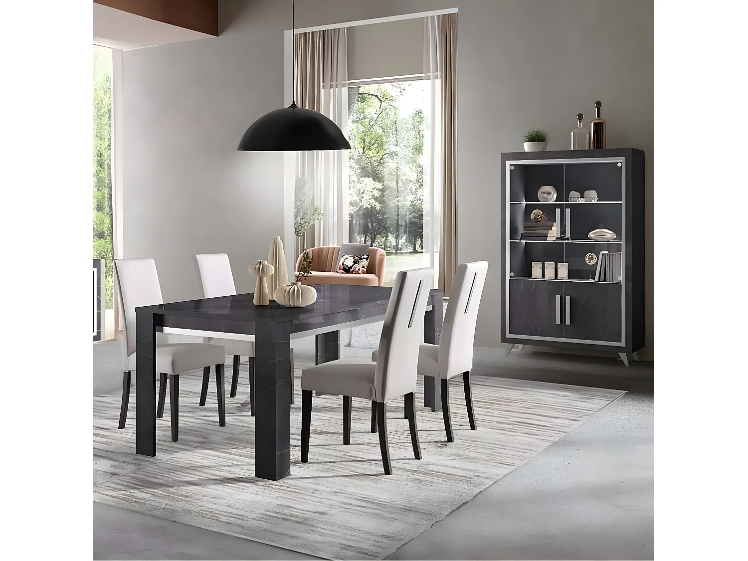 GUEDA - Lot de 2 Chaises Suédine Grise Détail Argenté et Bois Anthracite